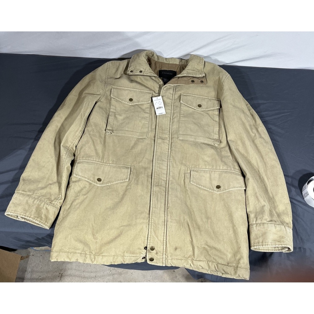 Express Mens Corduroy Field Jacket Tan Khaki Utility Quilted Lined Coat Large L